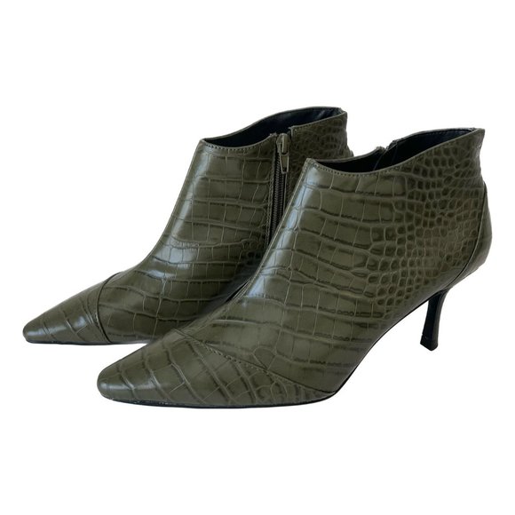 Zara Croc Print Embossed Heeled Olive Green Ankle Boot Booties, Sz EU 37 US 6.5 - Picture 4 of 15